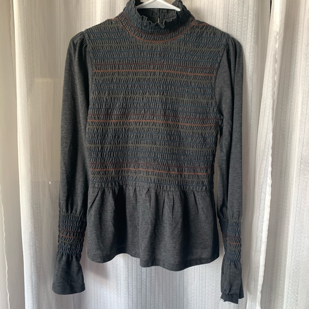 Grey long sleeve multi colored striped mock neck